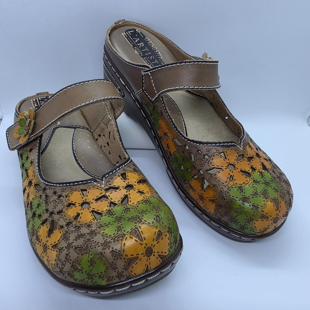 L'Artiste Spring Step‎ Floral Leather Clog Wedge Mules Multi Color Size 37/6.5-7
